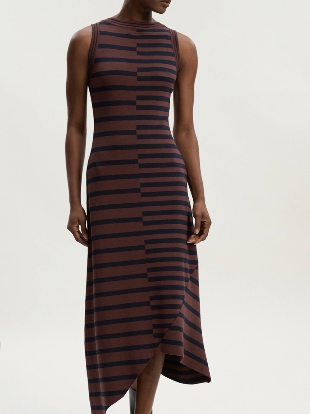 Karen Millen Asymmetric Hem Cut About Stripe Sleeveless Knitted Midi Dress L